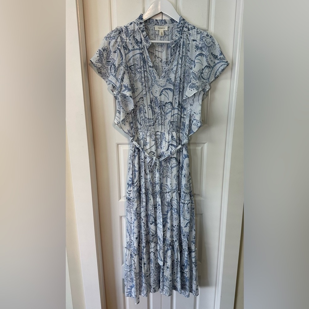 💙 Tamara H. Blue & White Midi Dress – Size M